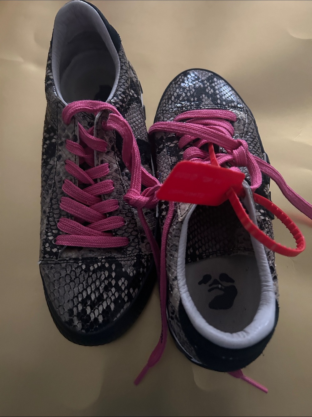 Off-White Snake-Print Sneakers with Pink Laces